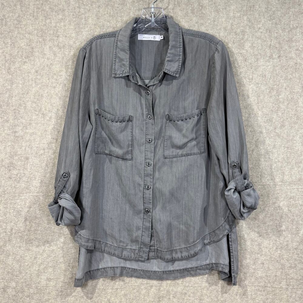 Billy T - Gray 100% Tencel- Studded Pocket Button Down Shirt - Womens Medium